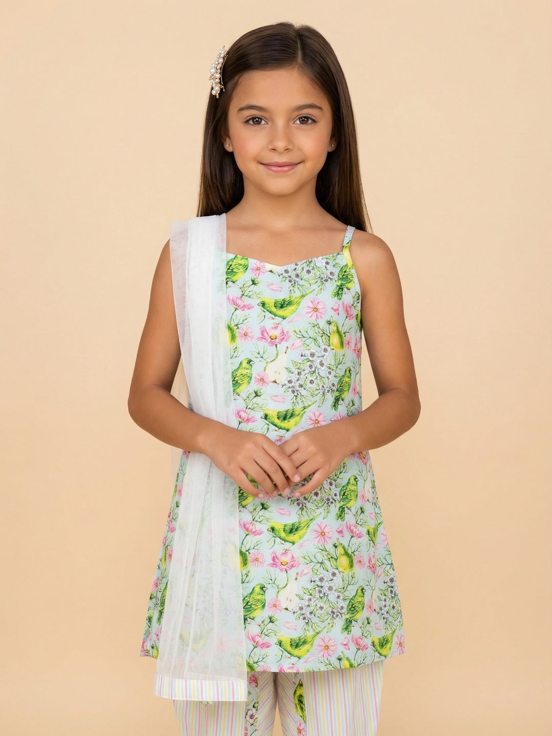 Nautinati Girls' Cotton Blend Festive Chintz Floral Kurti with Striped Dhoti Pants