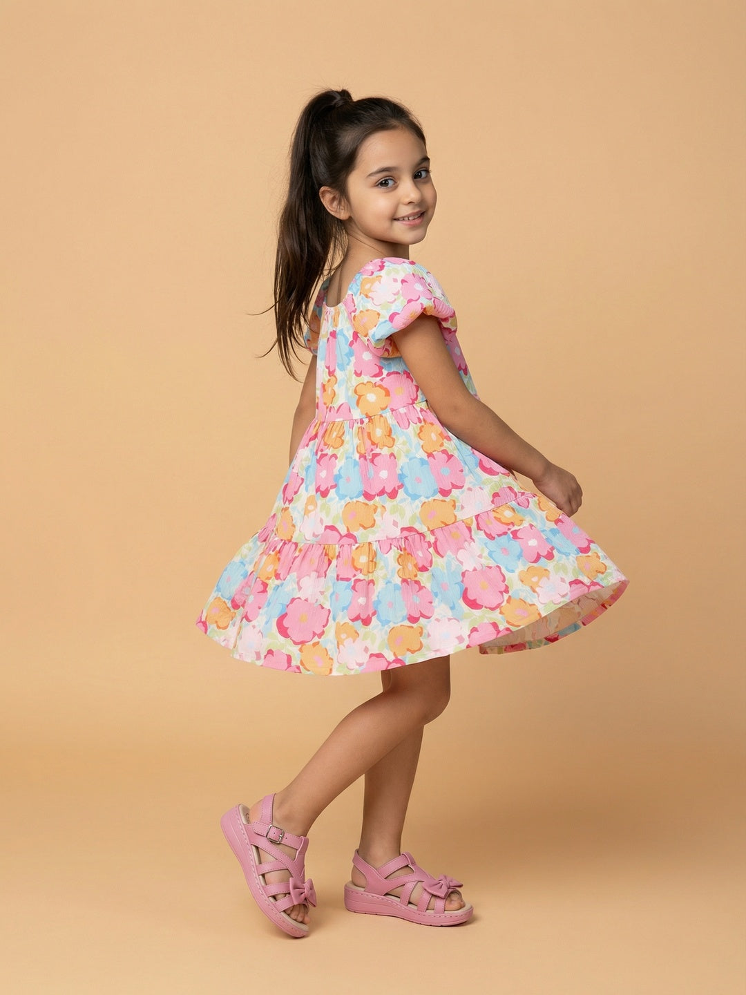 Nautinati Girls' Multicolour Floral Fit & Flare Dress with Puff Sleeves
