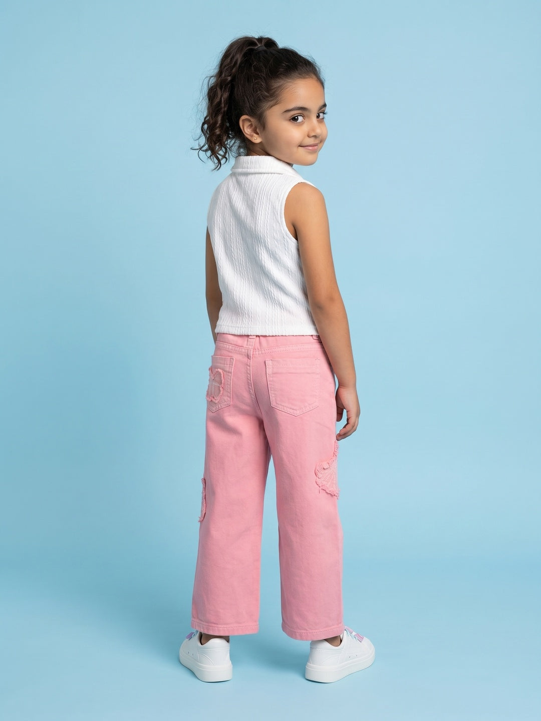 Nautinati Girls' 100% Cotton Wide-leg Cargo Jeans with Embroidered Butterfly Details