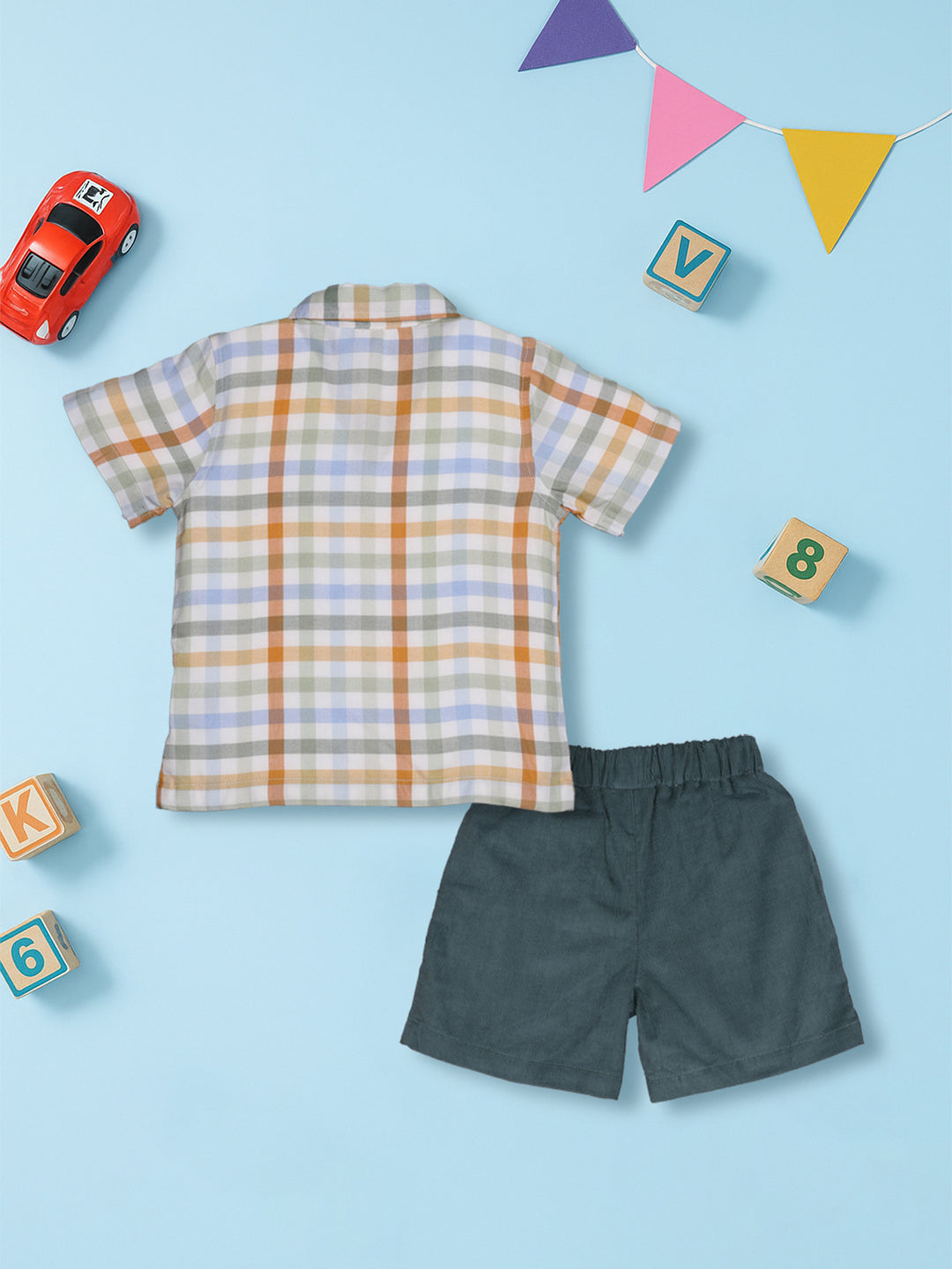 Nautinati Green Shorts With Yellow Chequered Shirt Set For Boys