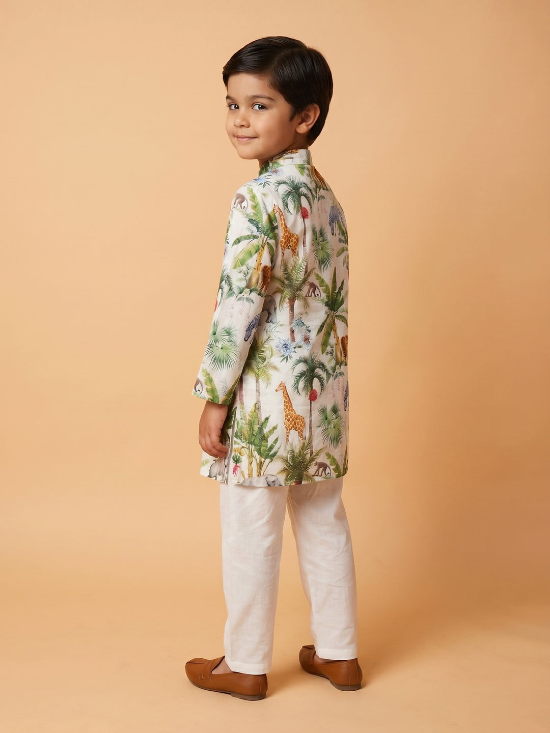 Boys' 100% Cotton Festive Resort Style Printed Kurta & Solid Pyjama Set