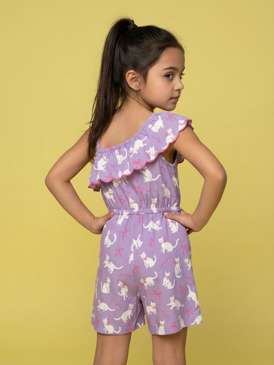 Nautinati Girls' Asymmetric Off-shoulder Cat Printed Playsuit with Tassel & Scallop Details