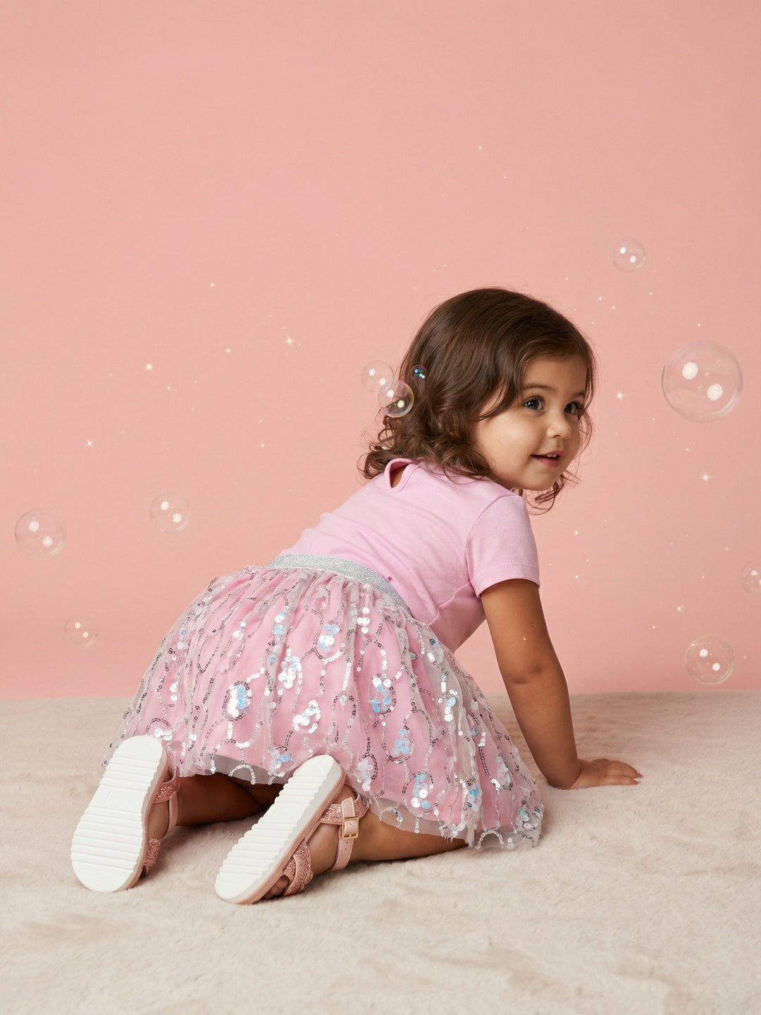 Nautinati Baby Girls Party Clothing Set with Sequin Skirt and Cotton Pink Puff Sleeve Top