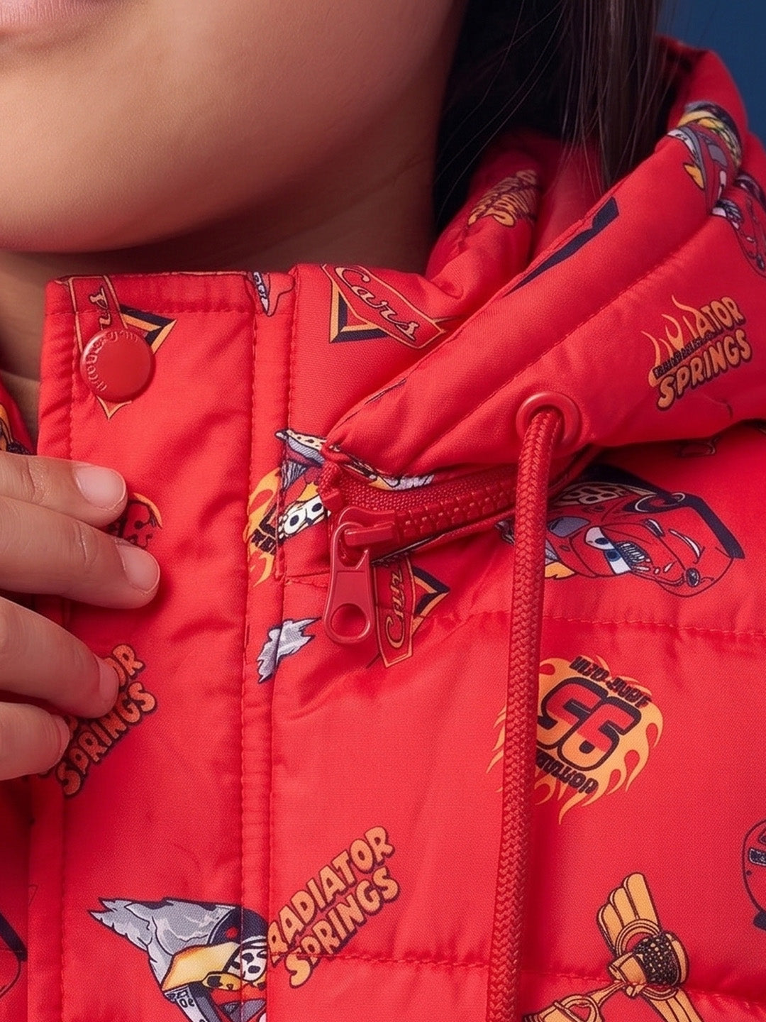Nautinati Boys Disney Cars Printed Hooded Red Puffer Jacket with Detachable Hood