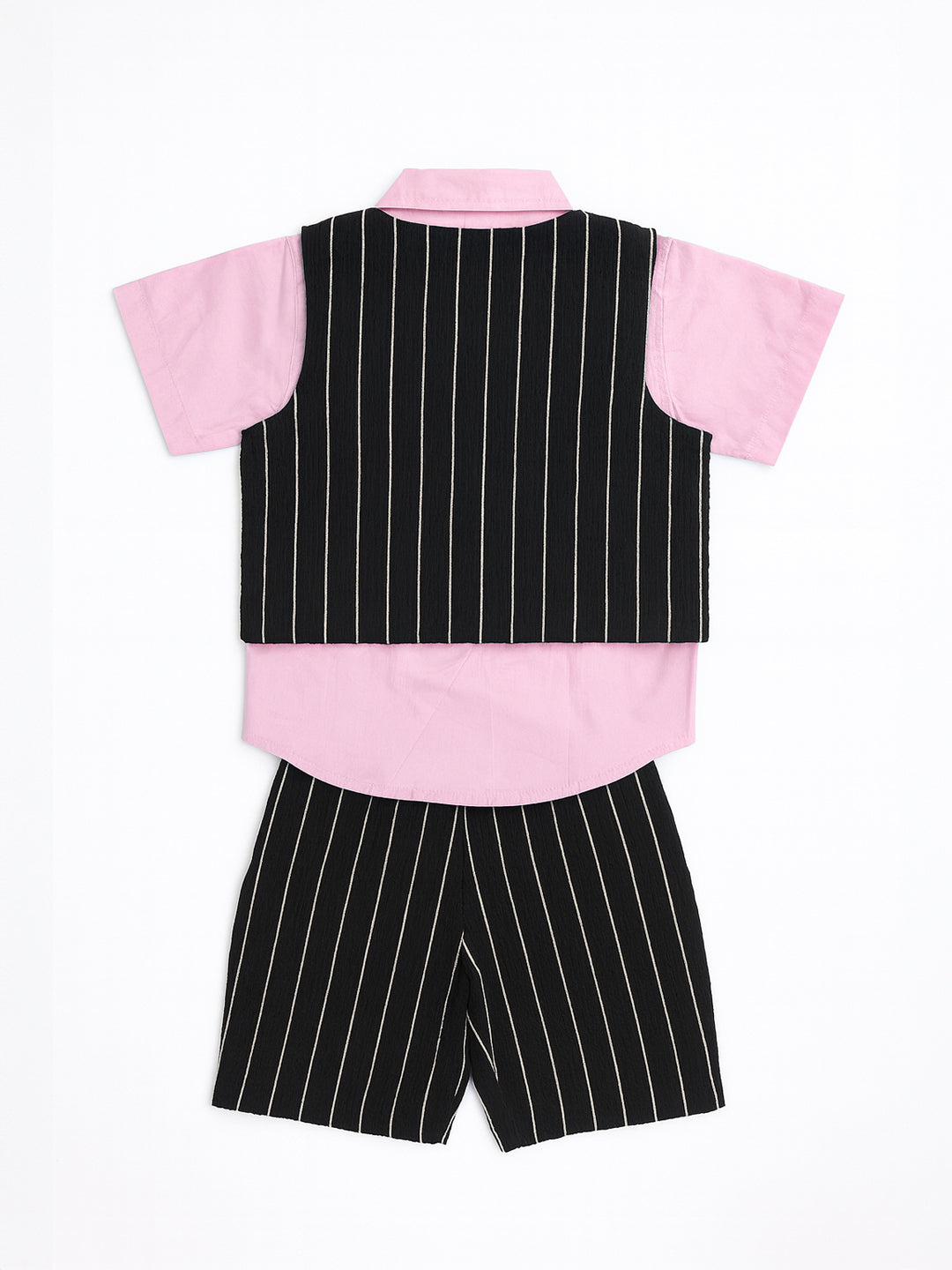 Nautinati Pink And Black Cotton Shirt With Striped Bottom & Waistcoat 3-Piece Set For Boys