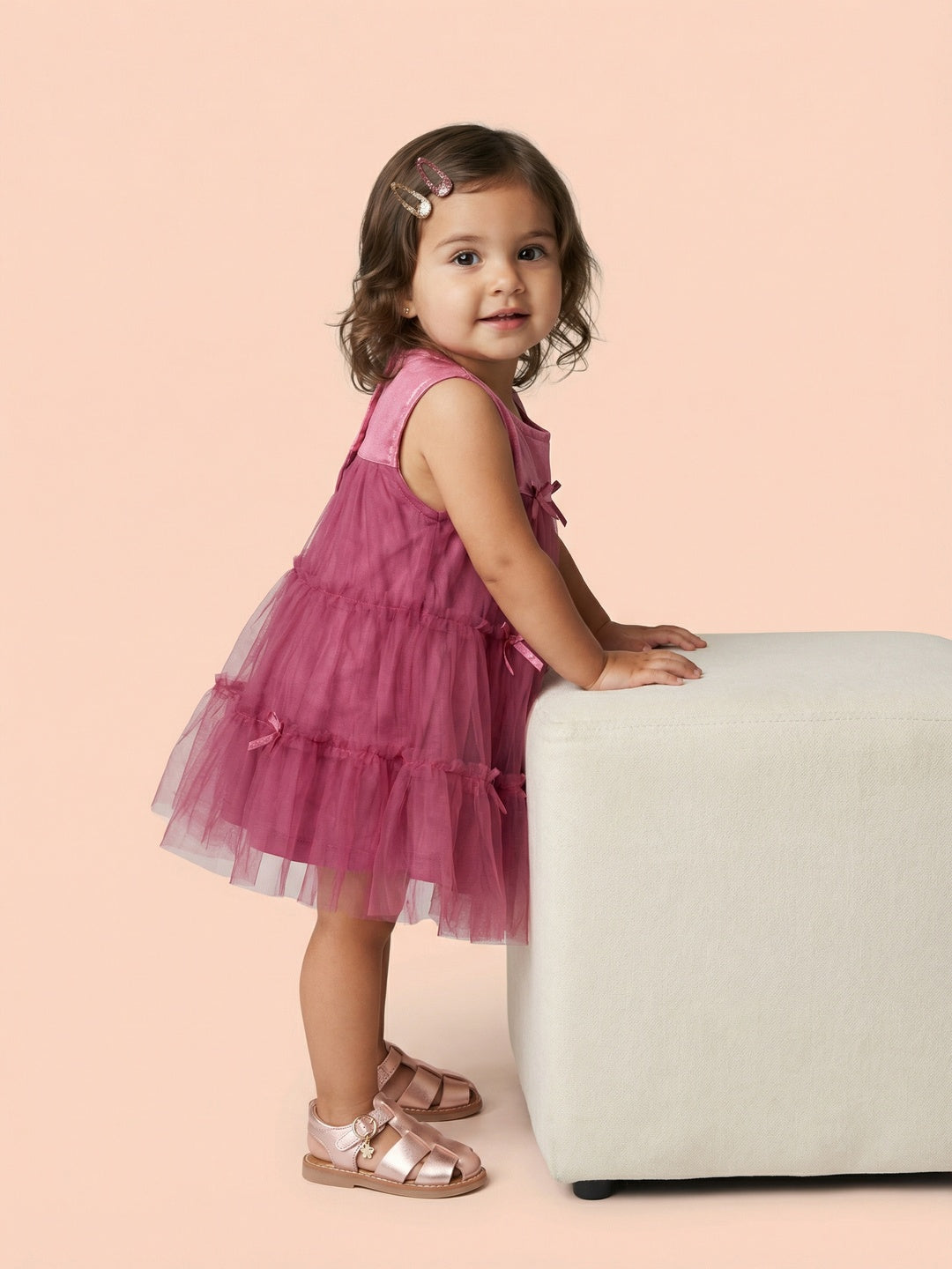 Nautinati Baby Girls' A-line Tiered Mesh Solid Party Dress with Bows & Cotton Lining