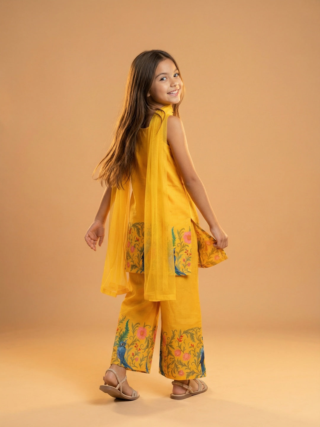 Nautinati Girls' Cotton Blend Woven Festive Floral Hem Printed Strappy A-line Kurti with Wide-leg Bottoms