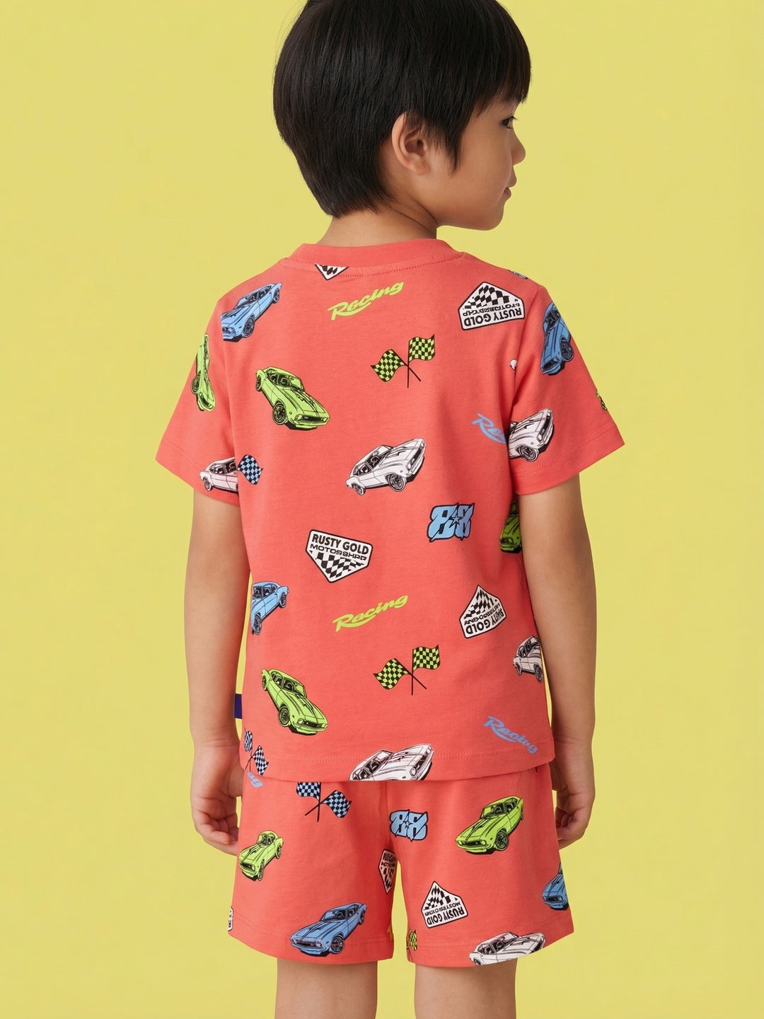 Nautinati Boys' Cars Printed Regular Fit Round Neck T-shirt and Shorts Co-ord Set