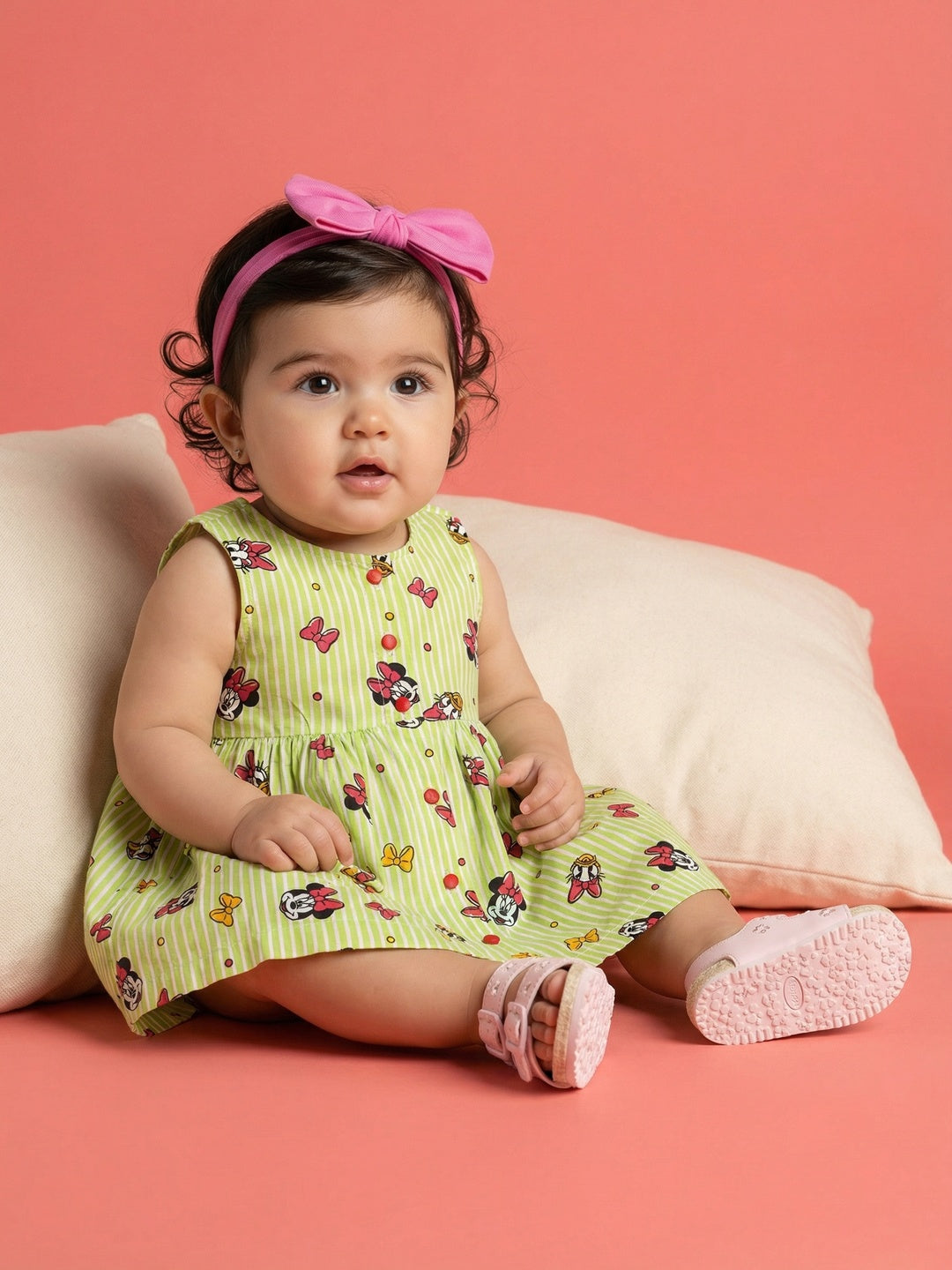 Nautinati Baby Girls' 100% Cotton All-over Disney Minnie Mouse Print & Striped Fit & Flare Dress