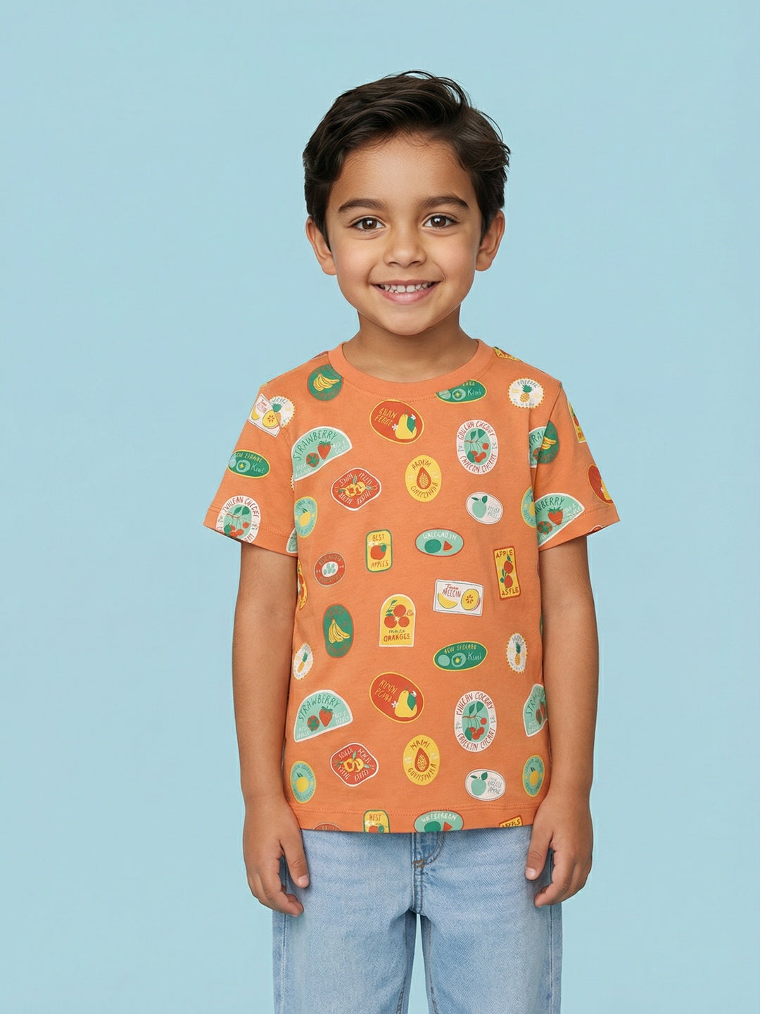 Nautinati Boys' 100% Cotton Pack of 2 All-over & Chest Fruit Print Crew Neck T-shirts