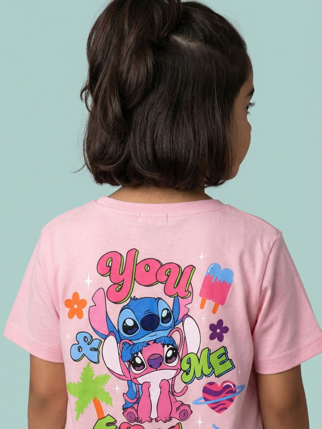 Nautinati Girls' 100% Cotton Disney Lilo & Stitch Front & Back Graphic Oversized T-shirt