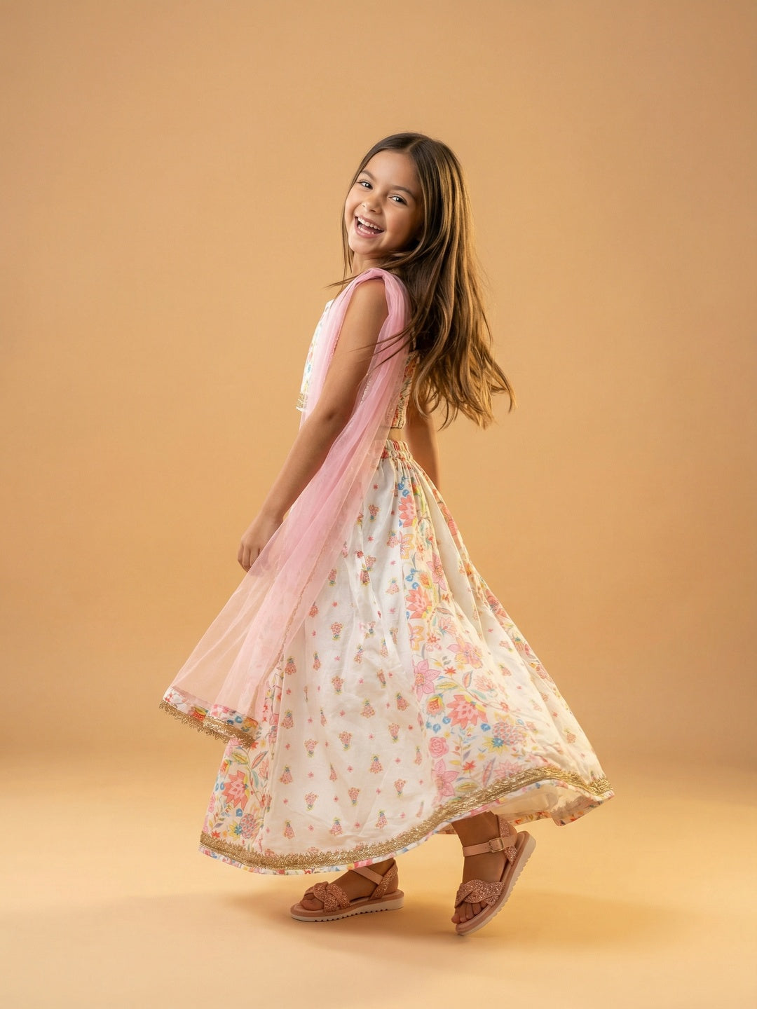 Nautinati Girls' Cotton Blend Woven Festive Floral Print Lehenga & Choli Set