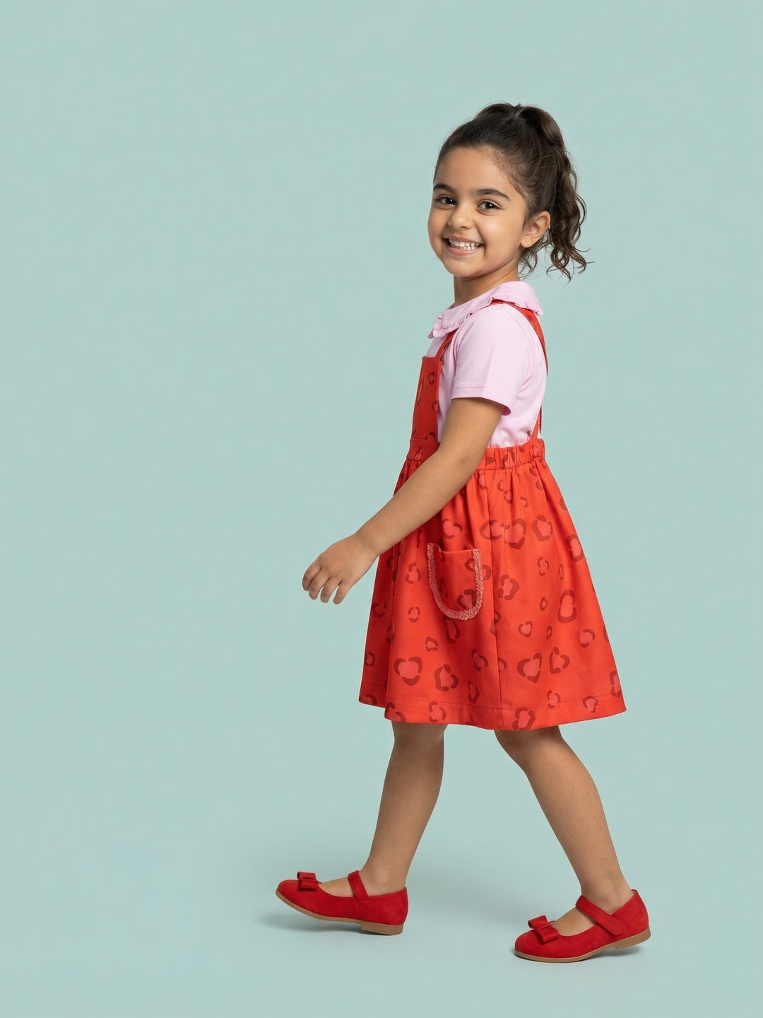 Nautinati Girls Printed Fit and Flare Pinafore Frock with Peter Pan Collar Top Co-ord Set
