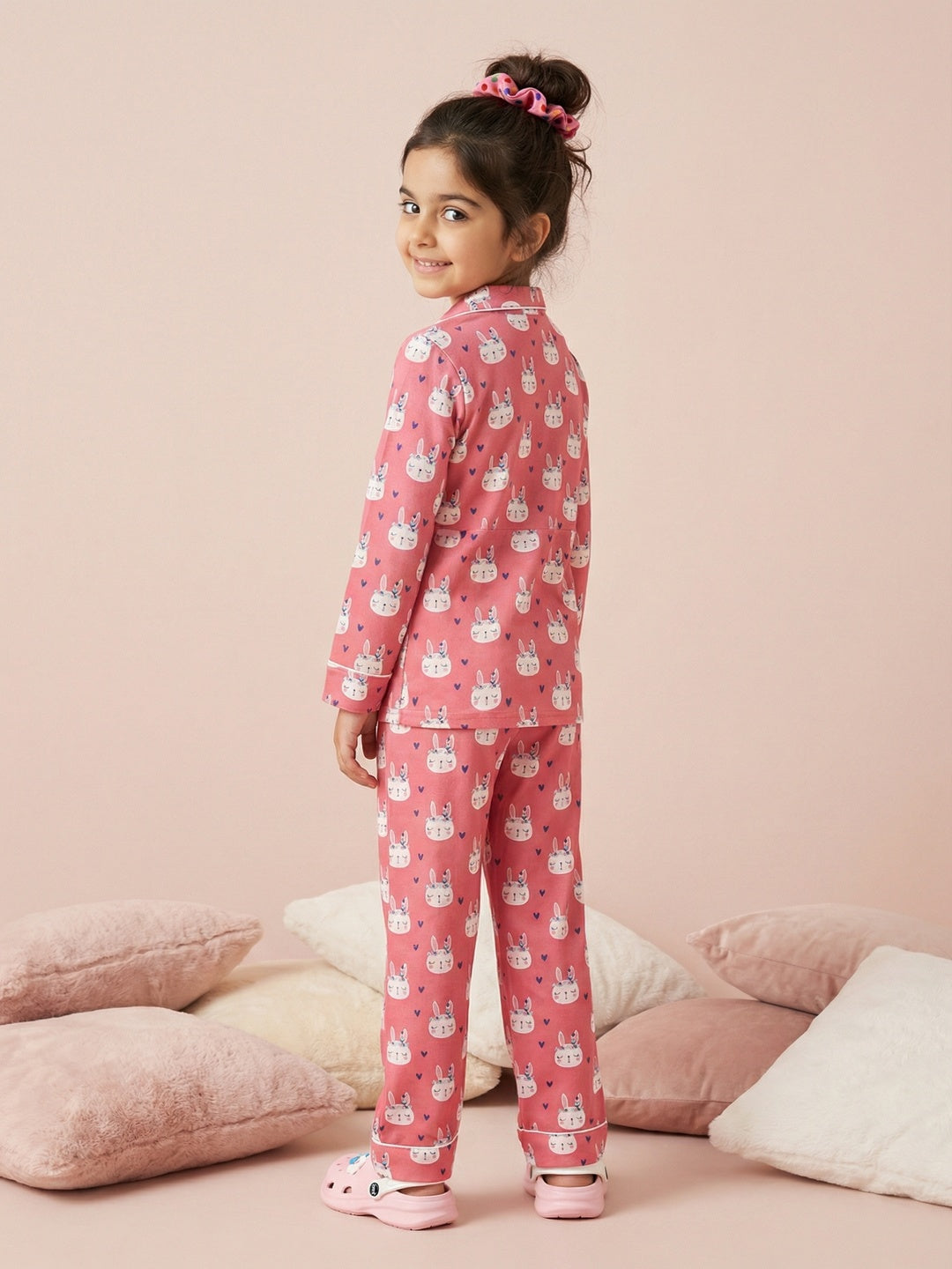 Nautinati Girls' Rayon Bunny All-over Print Woven Night Suit with Full-sleeve T-shirt & Full Bottoms