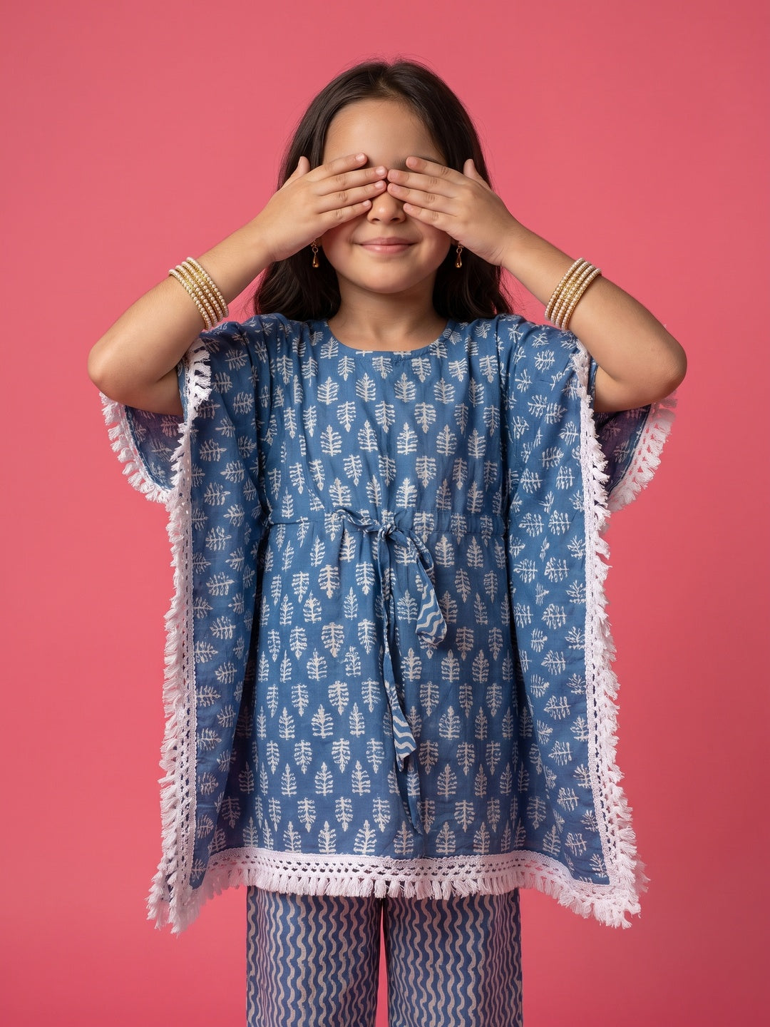 Nautinati Girl's Block Printed Blue Kaftaan Ethnic Set