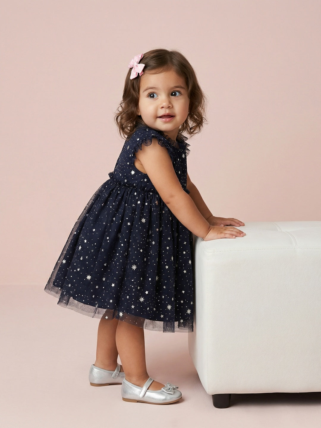 Nautinati Baby Girls' Fit & Flare Party Dress with Holographic All-over Star Foil Print Mesh