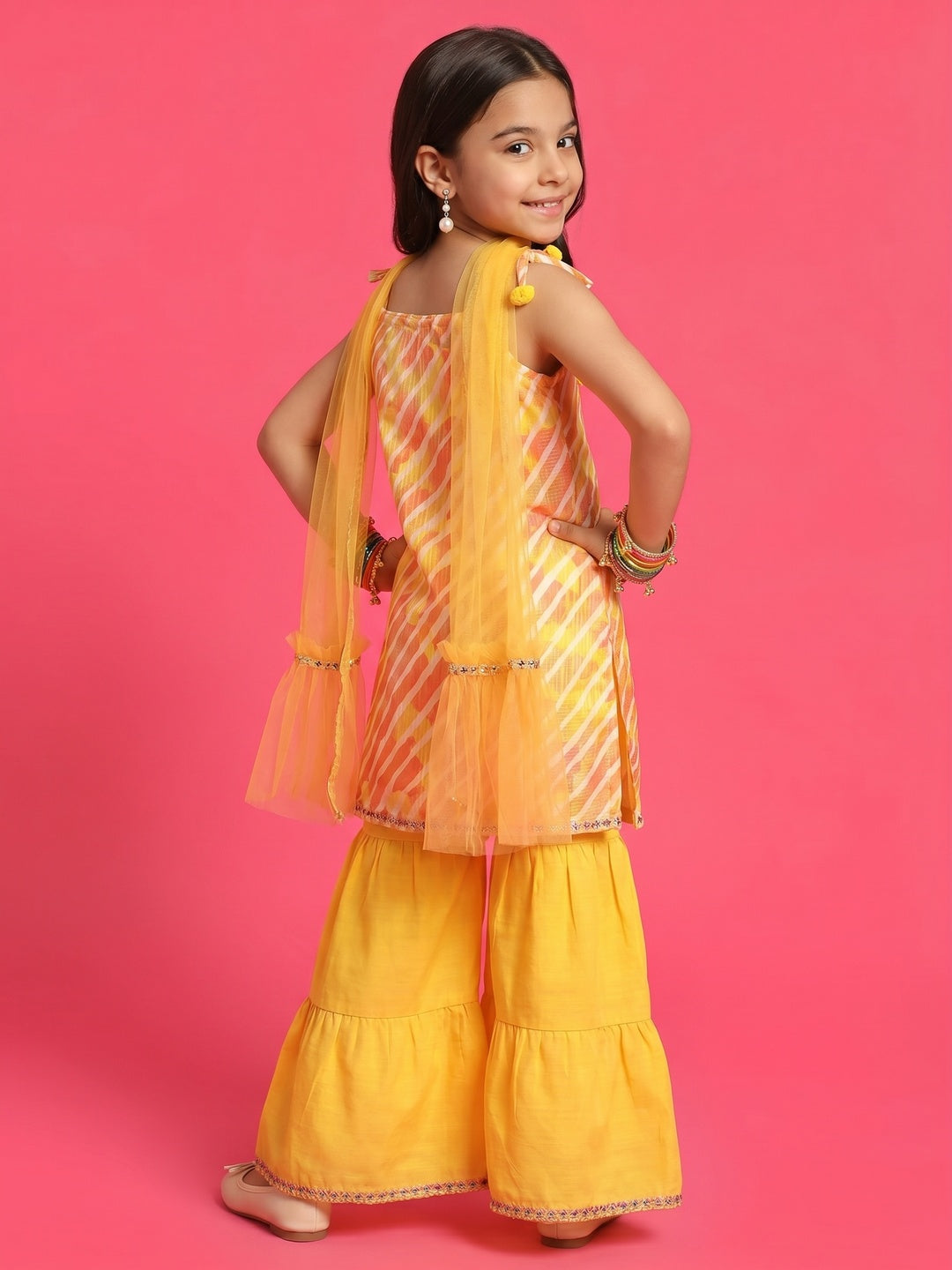 Nautinati Girls' Cotton Blend Striped Kurti with Solid Sharara & Net Dupatta Set with Gotta Patti Detail