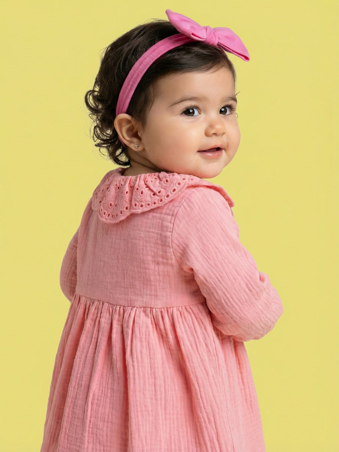 Nautinati Girls' Premium Double Cloth Textured Solid Fit & Flare Dress with Schiffli Peter Pan Collar