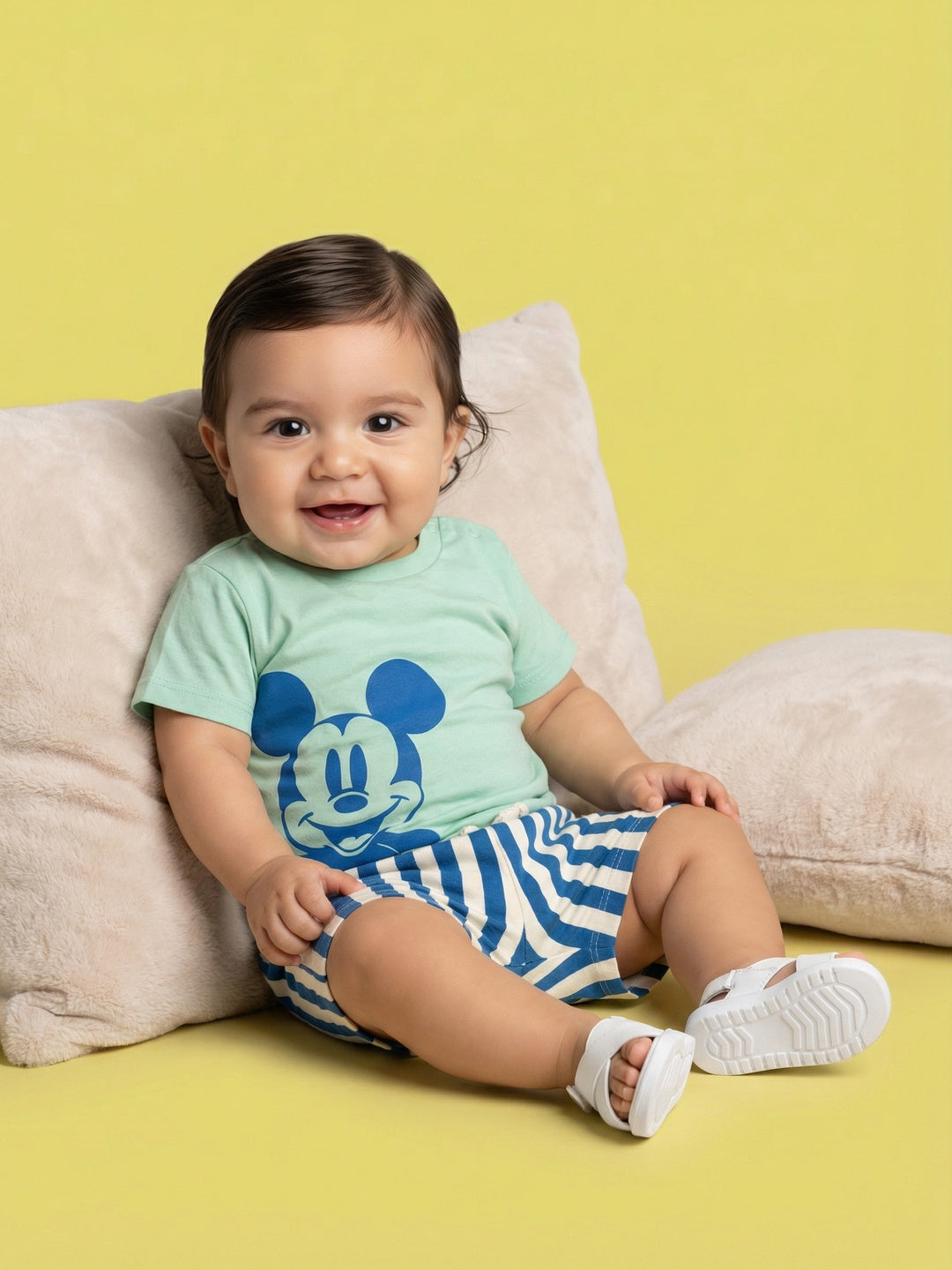 Nautinati Baby Boys Mickey Mouse Printed Regular Fit Round Neck T-shirt and Stripped Shorts Co-ord Set