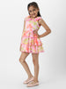 Nautinati Girls Peach Floral Printed Layered Casual Wear Knee Length Frock