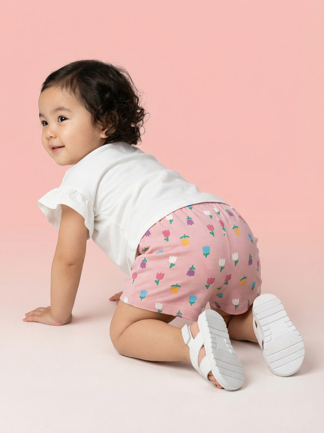 Nautinati Baby Girls' 100% Interlock Cotton Pack of 2 Flower All-over & Rainbow Placement Print Shorts