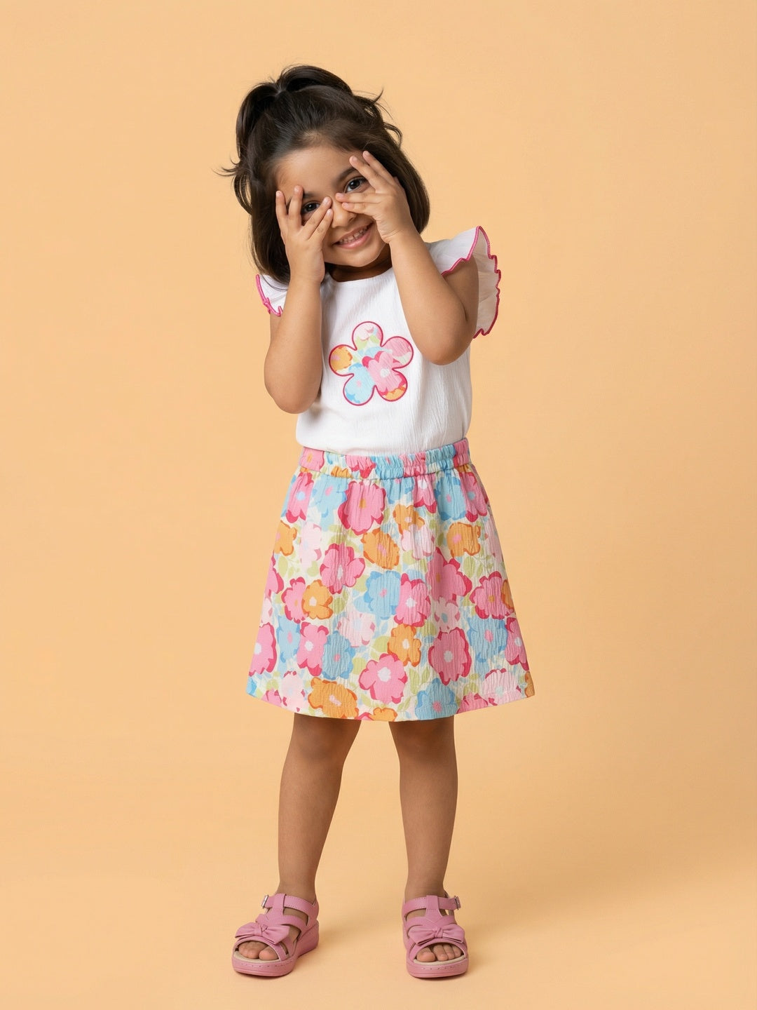 Nautinati Girls Cap Sleeve White Top with Flower Applique and Printed Skirt Clothing Set