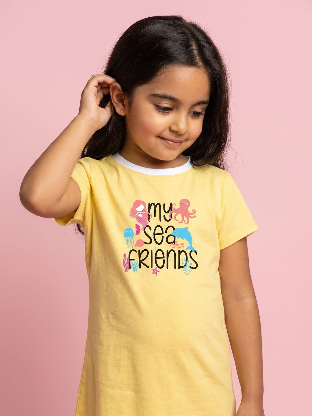 Nautinati Girls' 100% Cotton Typography & Whale, Octopus, Mermaid & Starfish Graphic Print T-shirt Dress