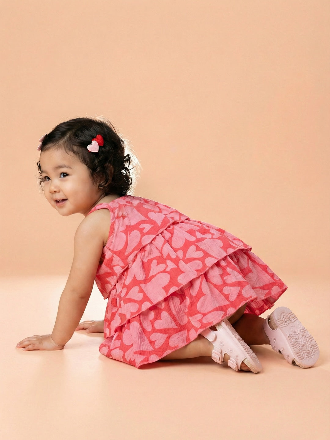 Nautinati Baby Girls All-over Heart Print A-line Strappy Tiered Dress with Bow