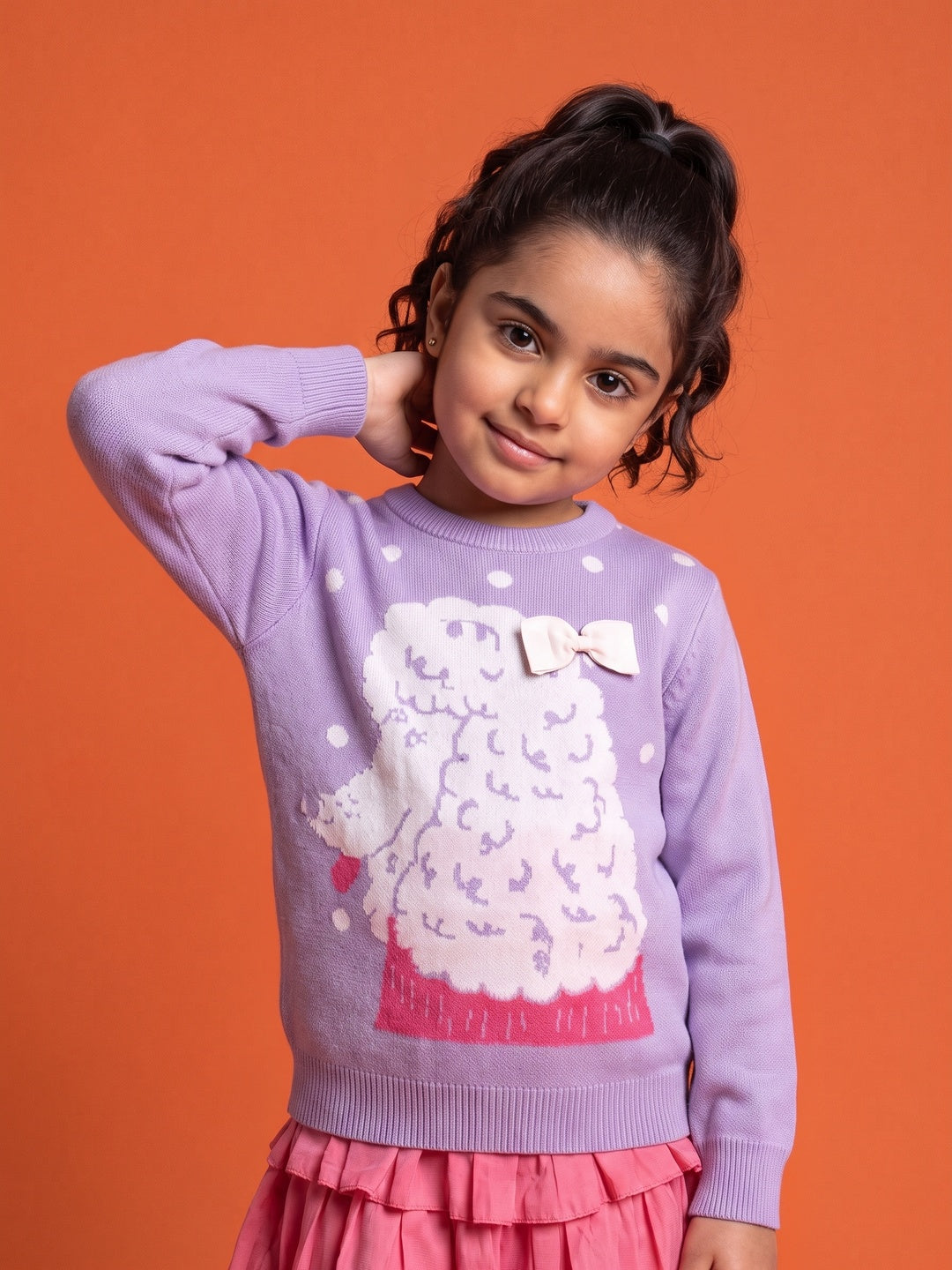 Nautinati Girls Relaxed Fit Poodle & Polka  Round Neck Jacquard Knit Sweater