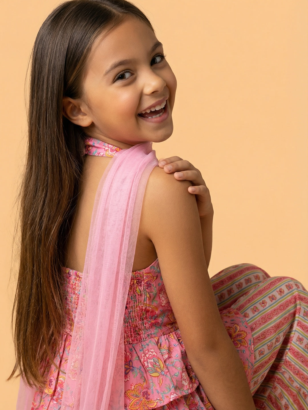 Nautinati Girls' Cotton Blend Woven Festive Chintz Floral Halter-neck Kurti with Striped Palazzos