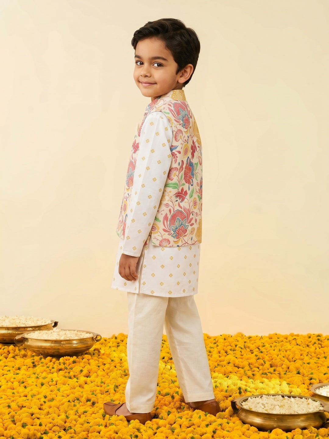 Nautinati Boys' 100% Cotton All-over Floral Print Kurta & Nehru Jacket Set