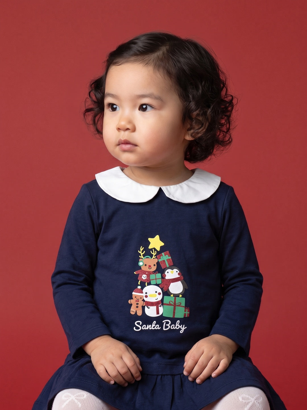 Nautinati Baby Girls Santa Christmas Sweatshirt Dress with Peter Pan Collar