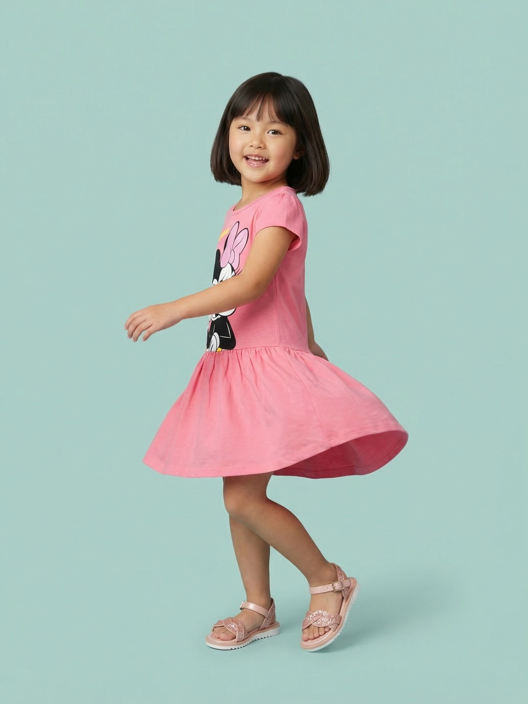 Nautinati Girls' 100% Cotton Disney Minnie Mouse Placement Print A-line Dress