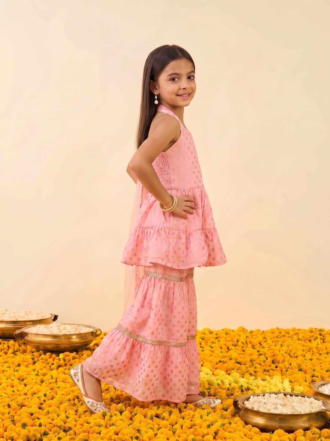 Nautinati Girls Foil Print Kurta and Sharara Set, 2-10Y
