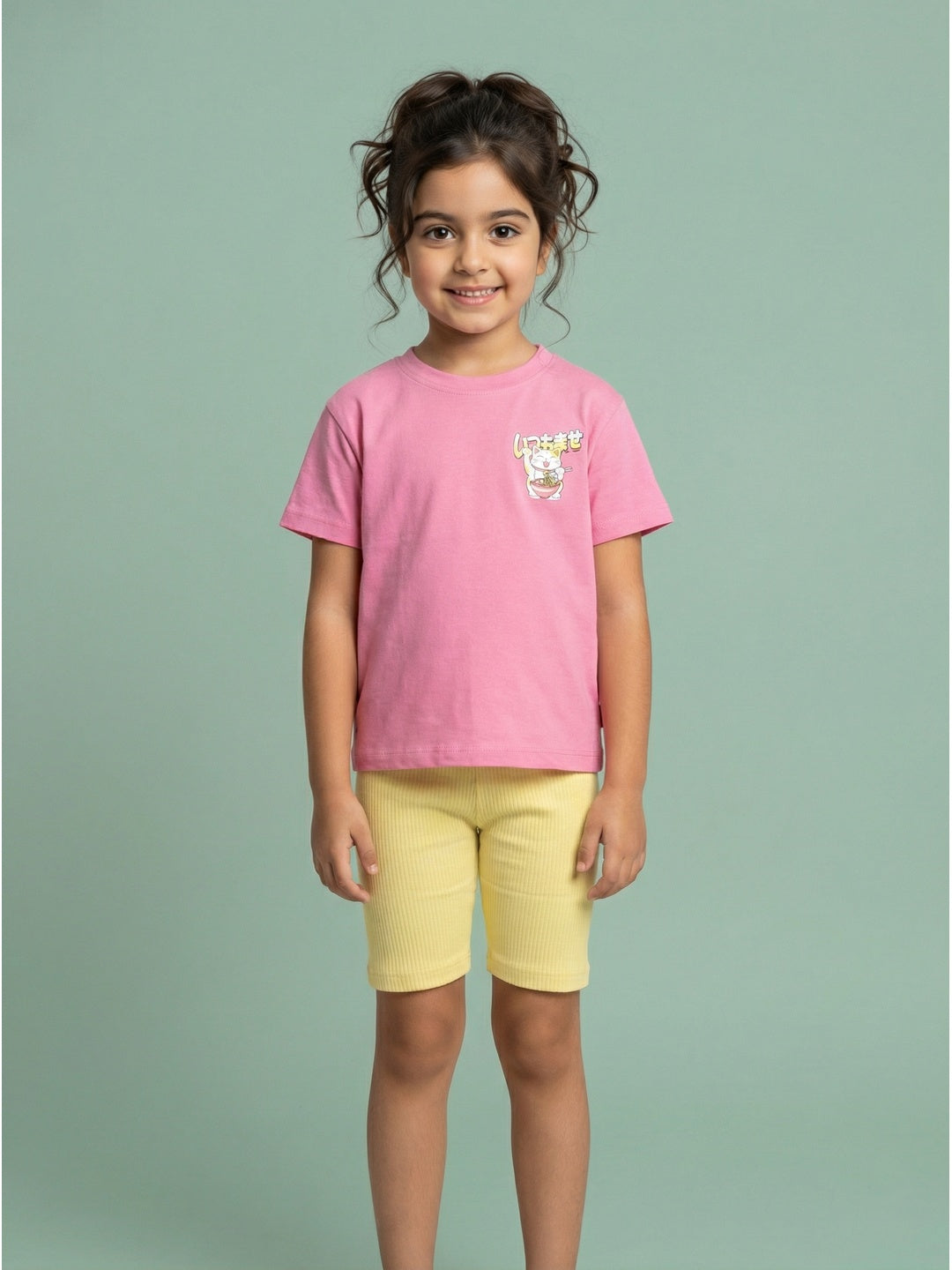 Nautinati Girls Lucky Cat Print Oversized Crew Neck Pink Cotton T-shirt and Biker Shorts Clothing Set
