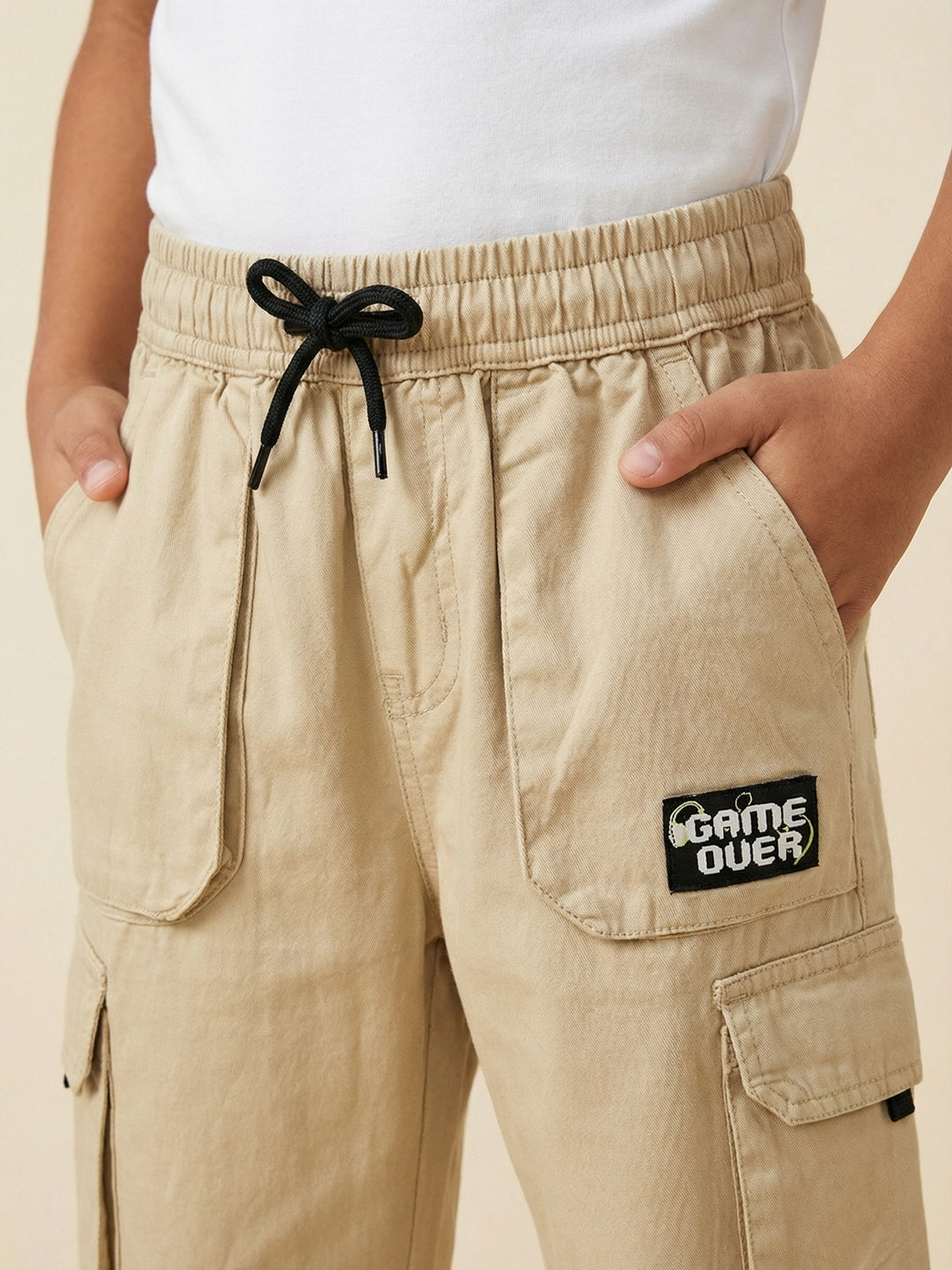 Nautinati Boys 100% Cotton Regular Fit Solid  Woven Cargo Pants with Badge