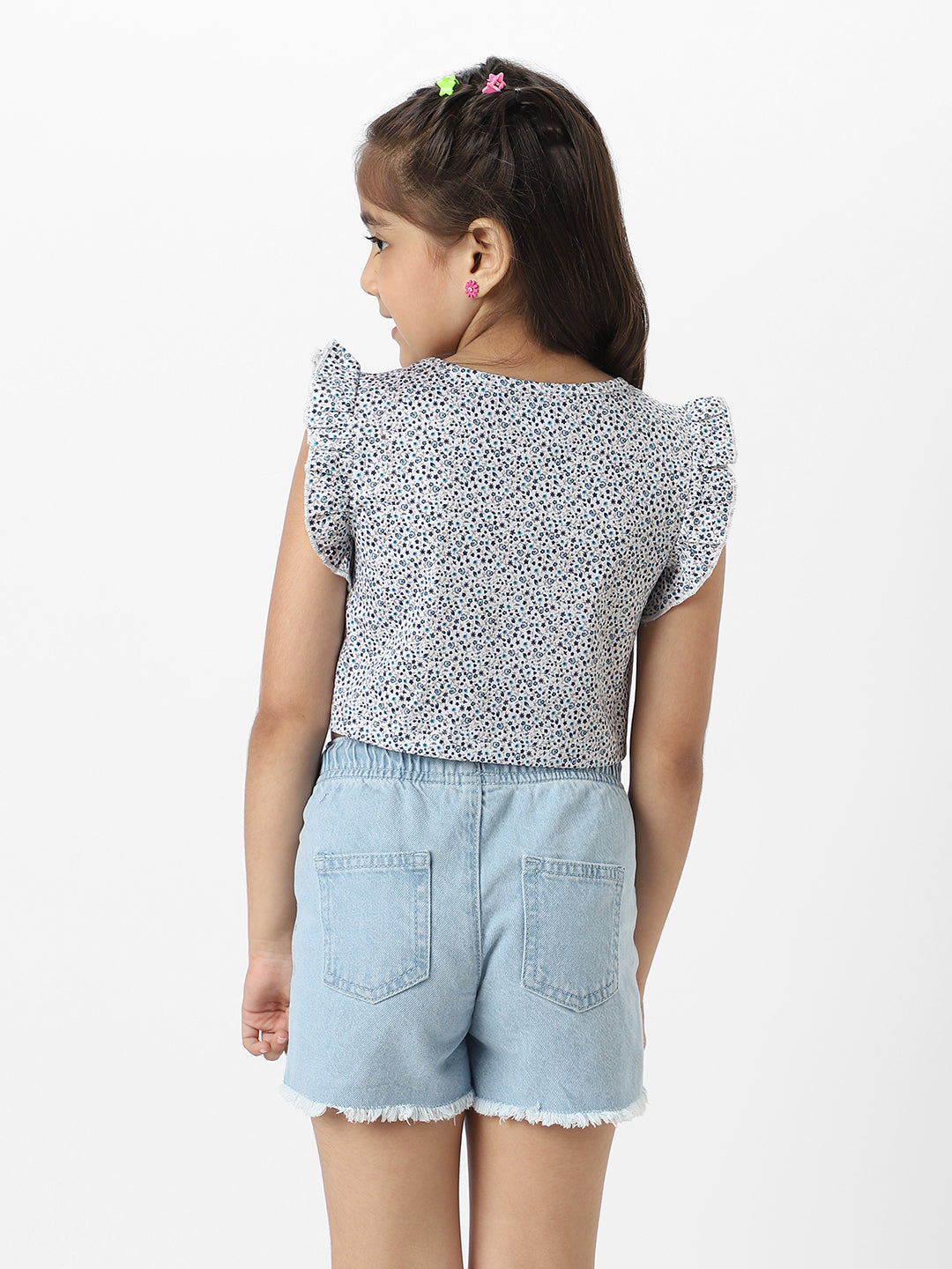 Nautinati Girls White And Blue Frill Sleeve Printed V Neck Everyday Wear Knit Top