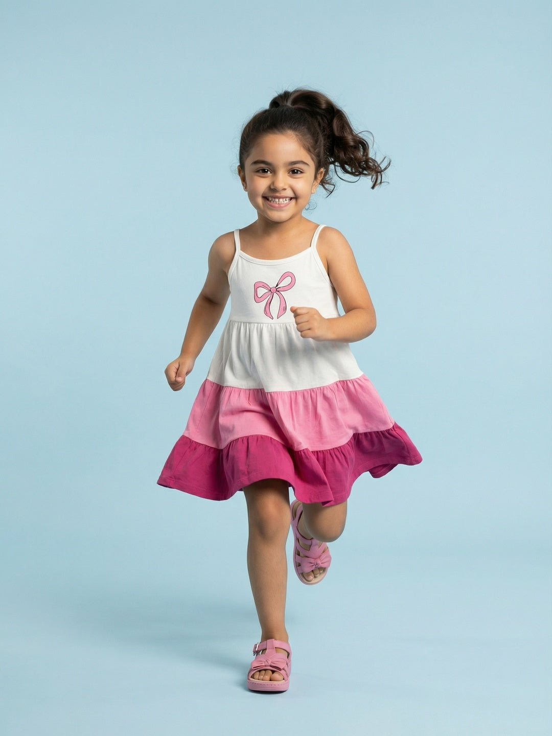 Nautinati Girls' 100% Cotton Tiered Dress with Colourblock & Ribbon Graphic Print