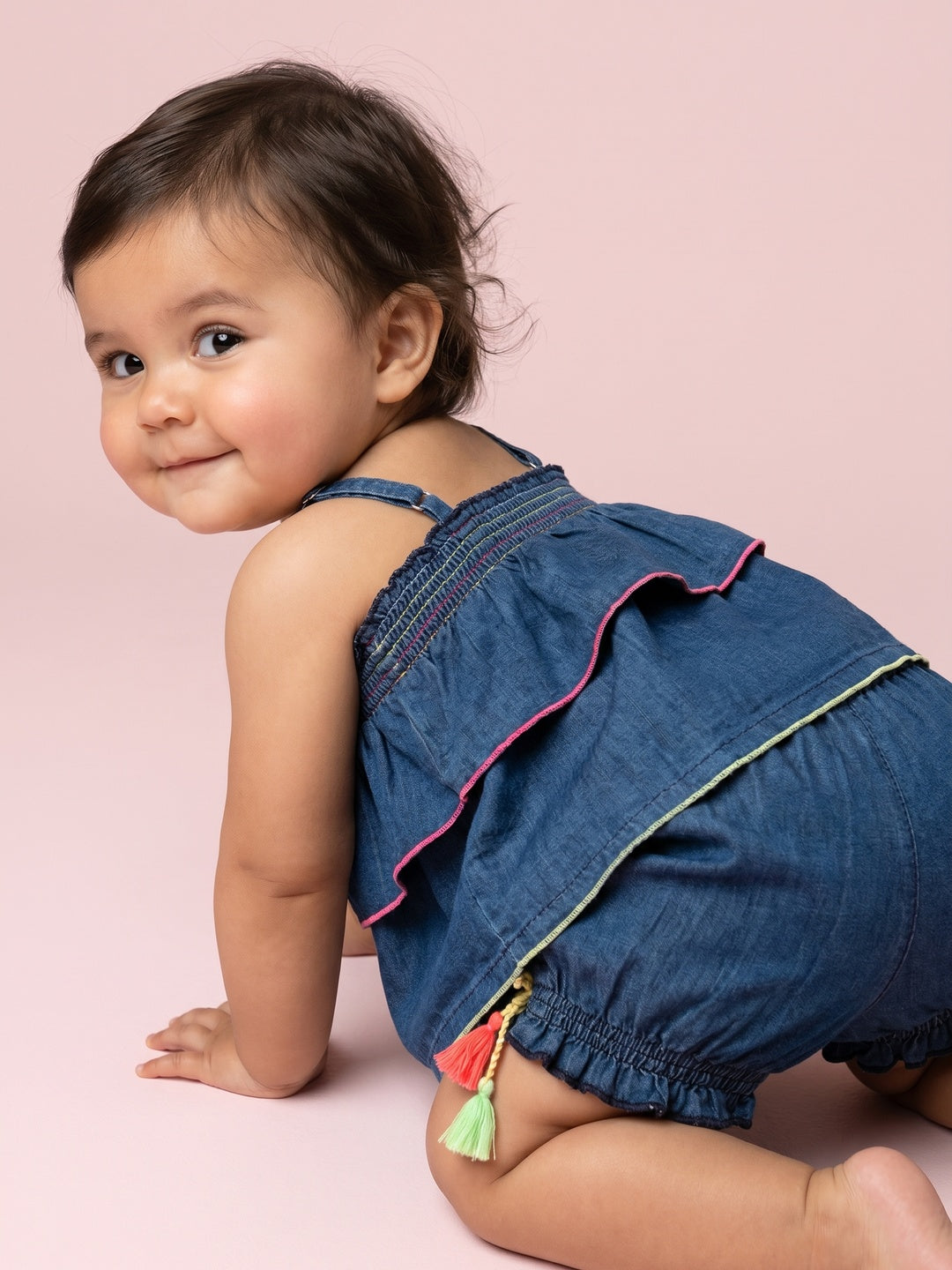 Nautinati  Girls' Denim Hem Embroidered Smocked Strappy Top & Shorts