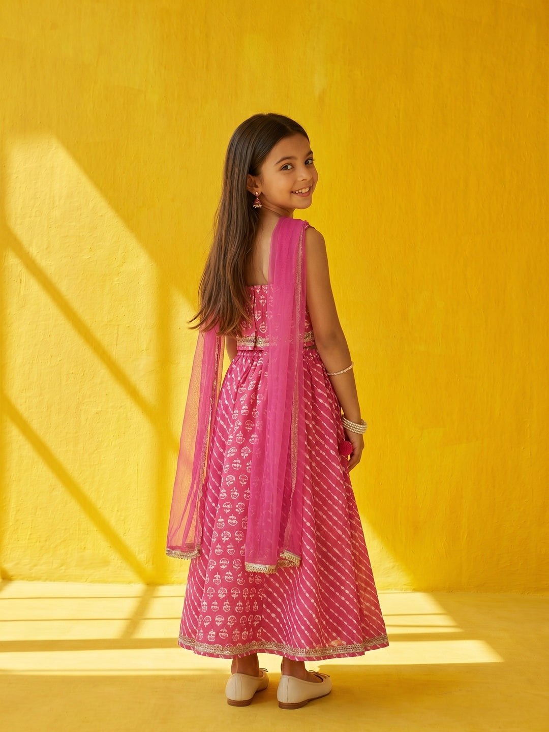 Nautinati Girls' 100% Cotton All-over Bandhani Print Lehenga Choli Set with Net Dupatta