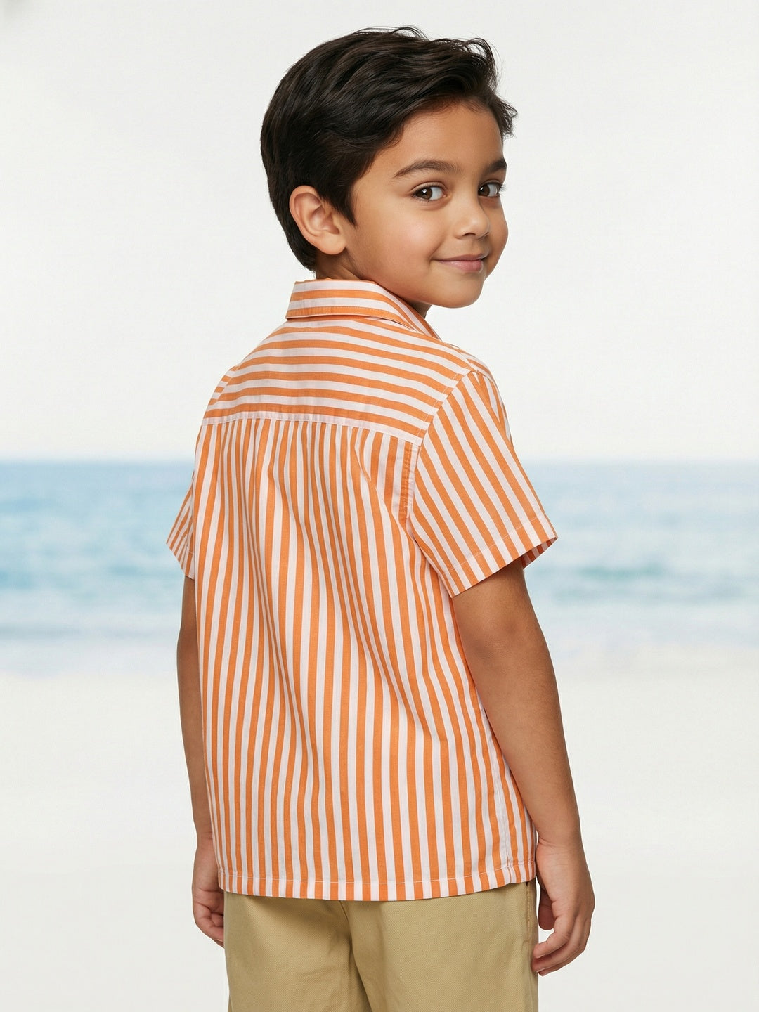 Nautinati Boys Orange Striped Oversized 100% Cotton Resort Shirt and Twill Shorts Clothing Set