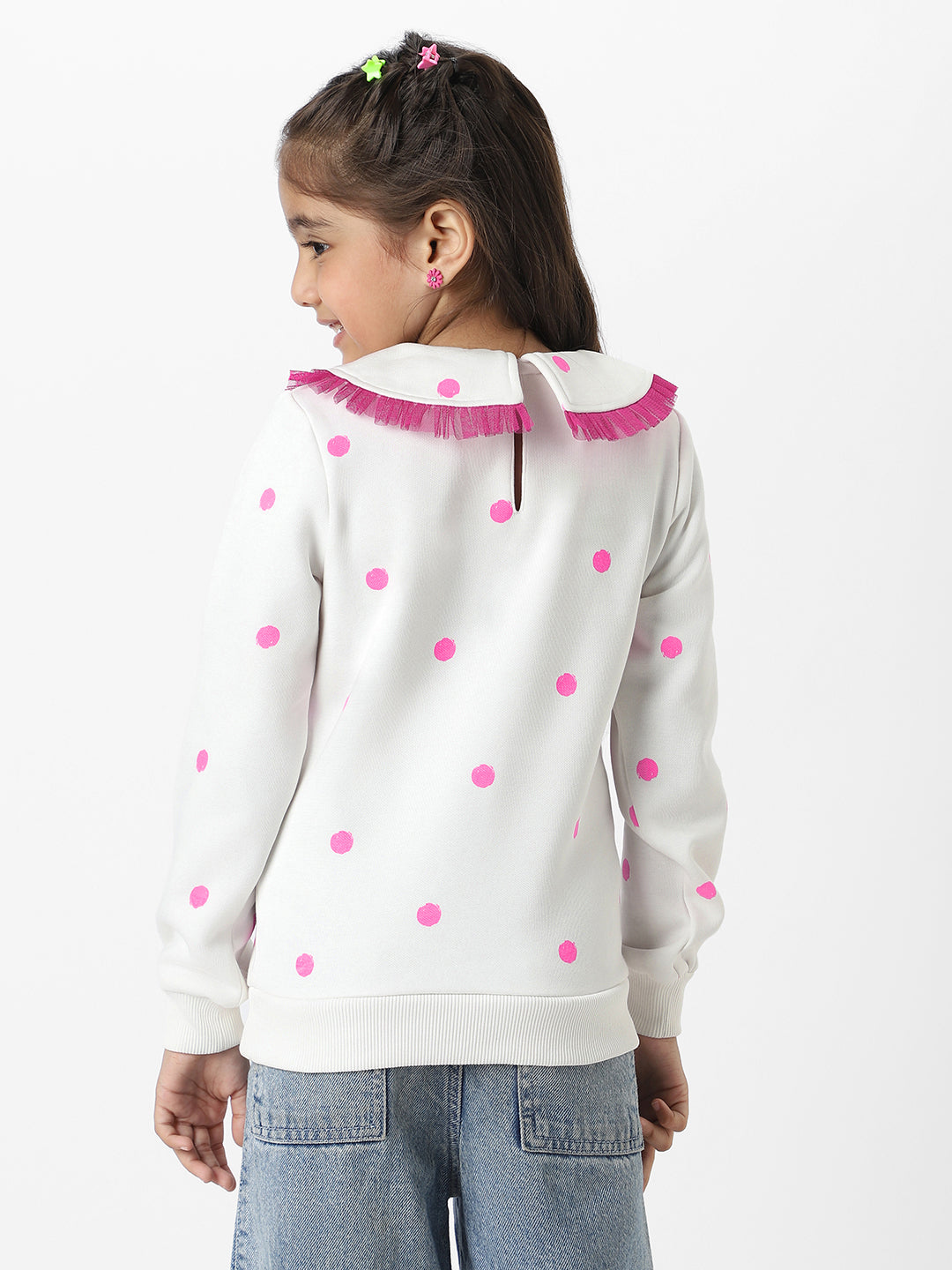 Nautinati Girls Snow White Dot Printed Ruffle Sweatshirt With Sling Bag