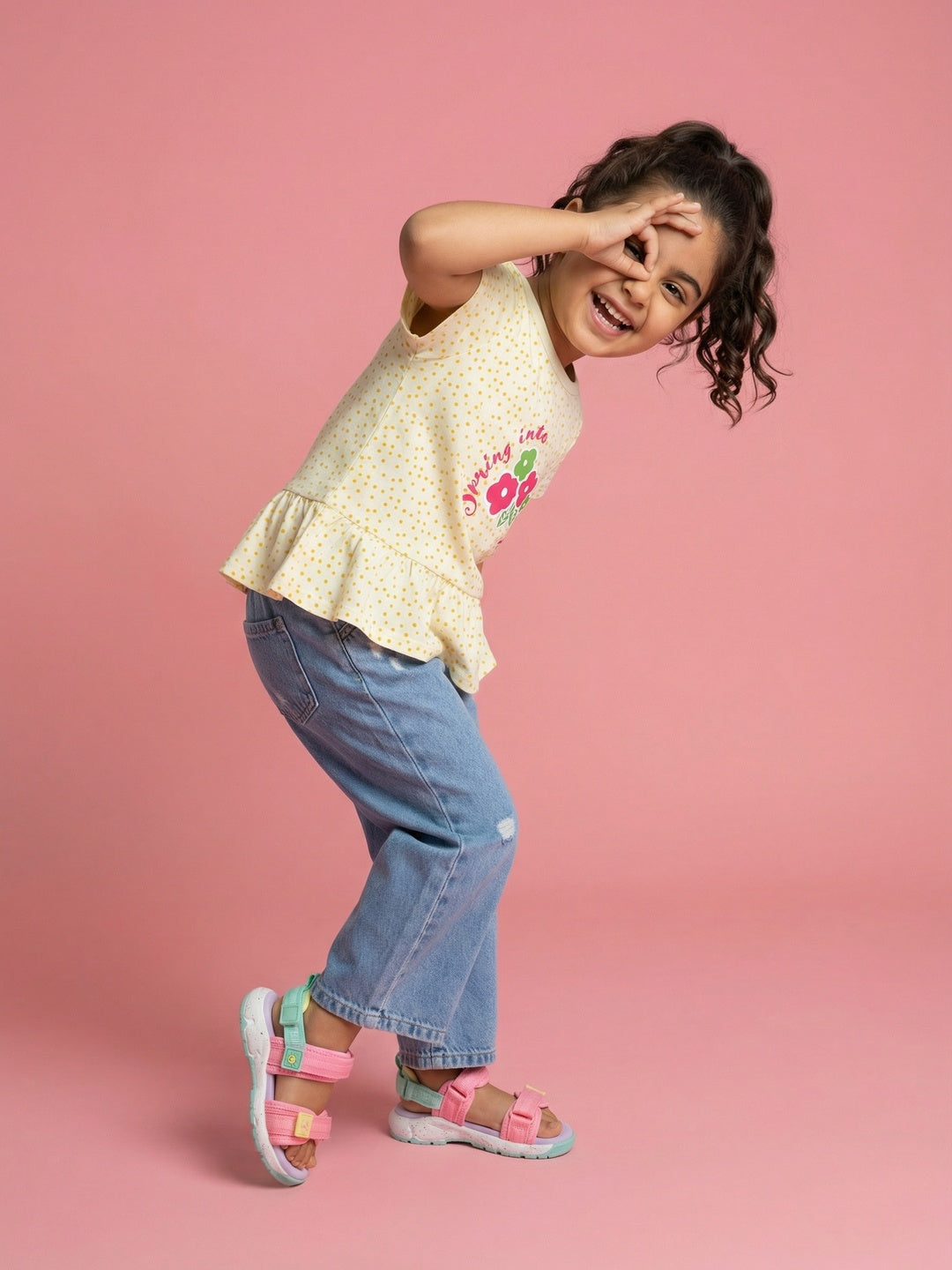 Nautinati Girls' 100% Cotton Off-white Polka All-over Print & Floral Graphic Peplum Top