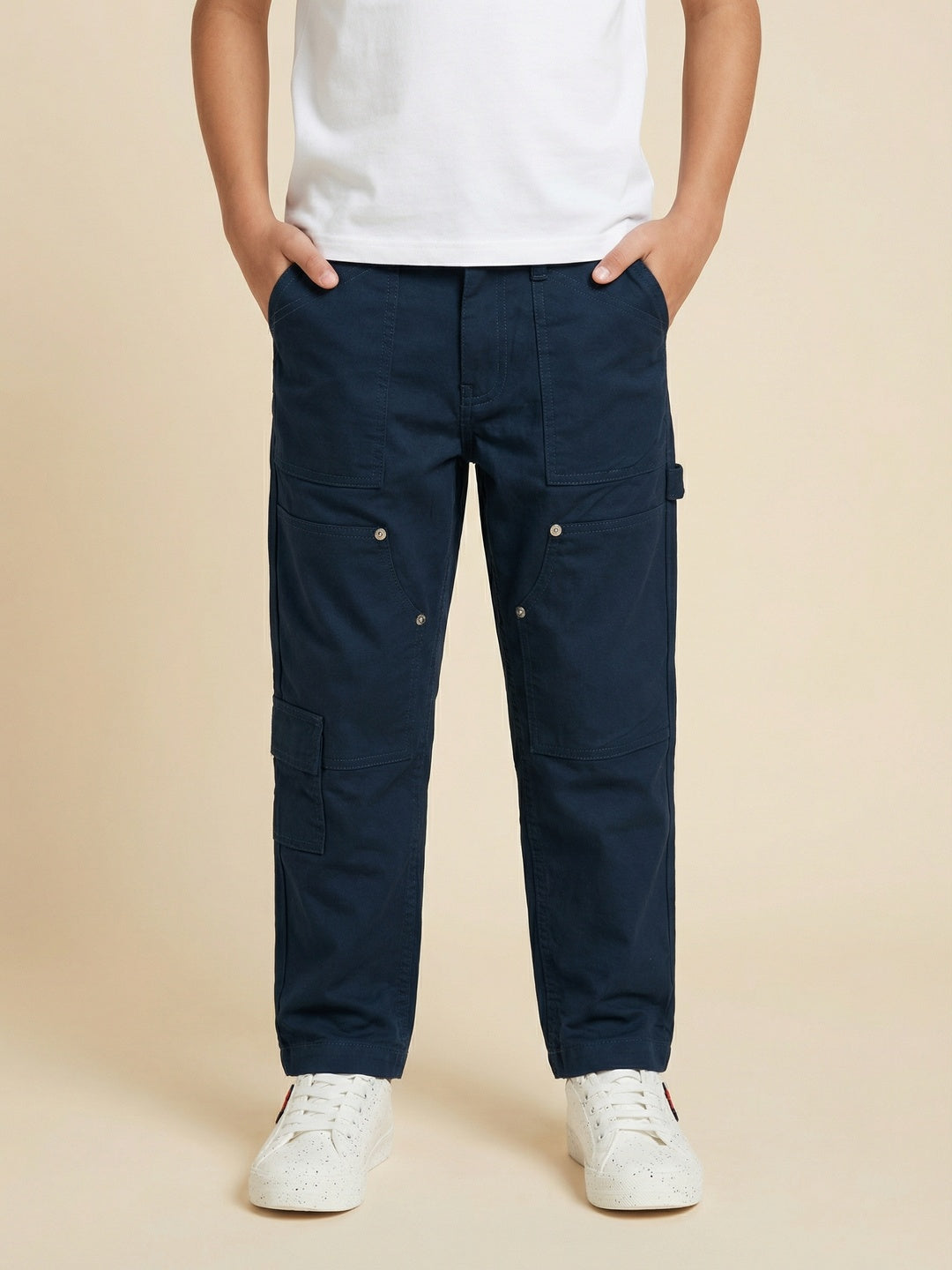 Nautinati Boys 100% Cotton Solid Relaxed Fit Twill Woven Carpenter Pants with Side Adjuster & Utility Pockets