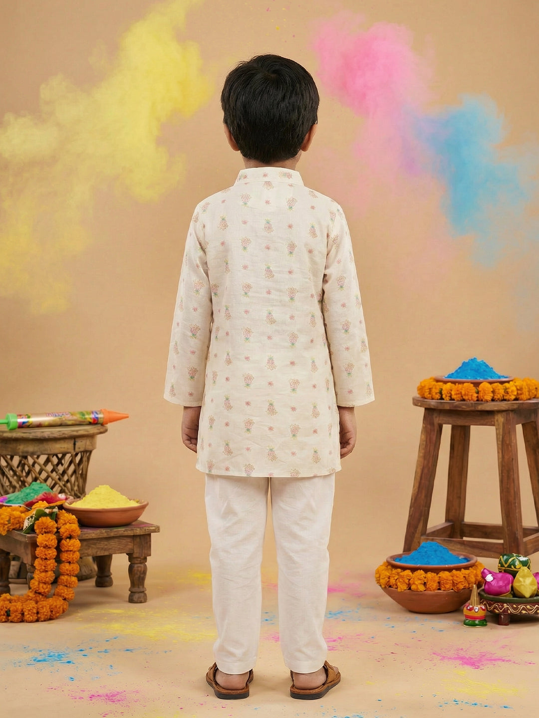 Boys' 100% Cotton Festive Resort Style Pastel Tropical Print Kurta & Pyjama Set