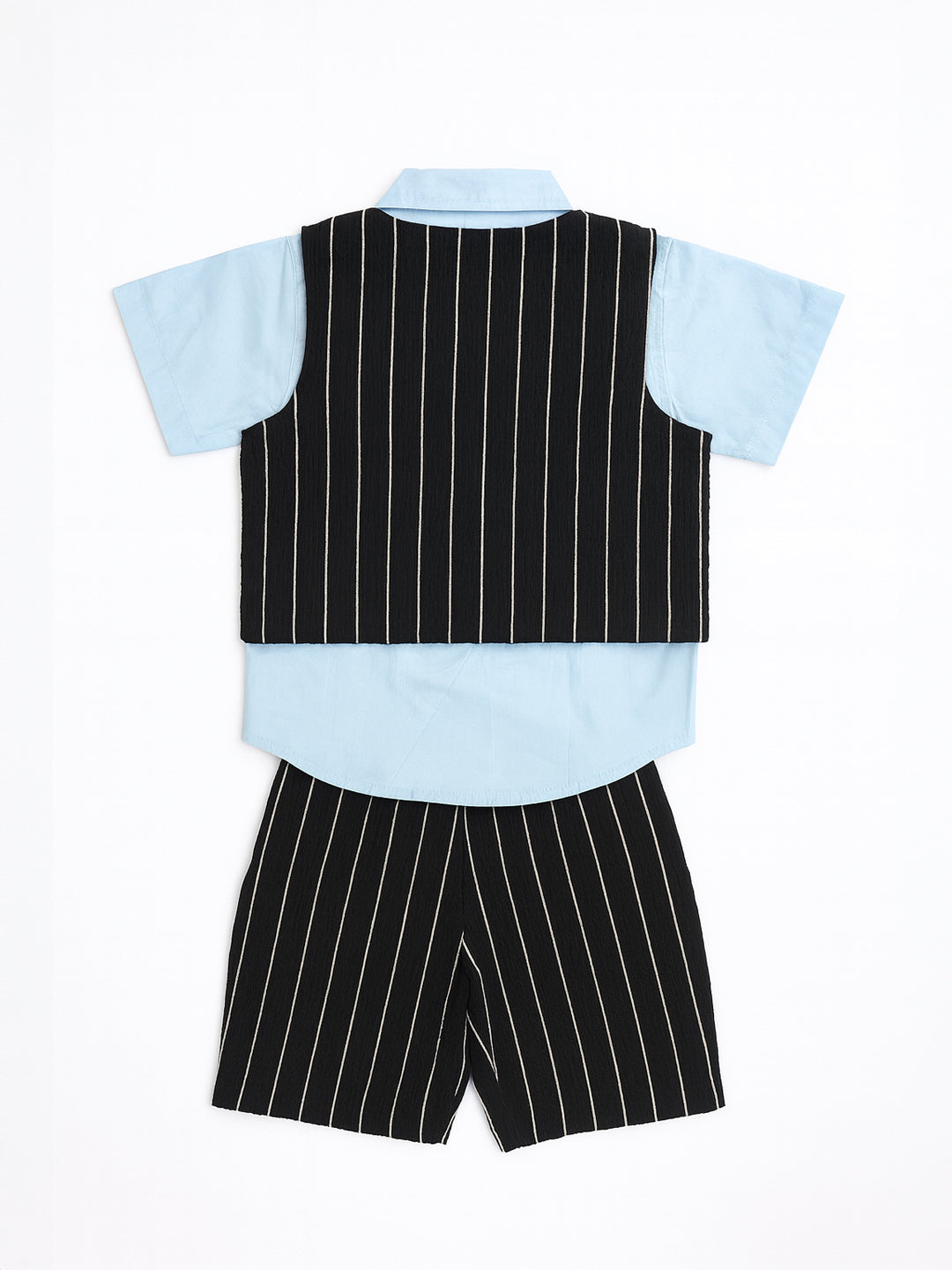 Nautinati Blue And Black Cotton Shirt With Striped Bottom & Waistcoat 3-Piece Set For Boys