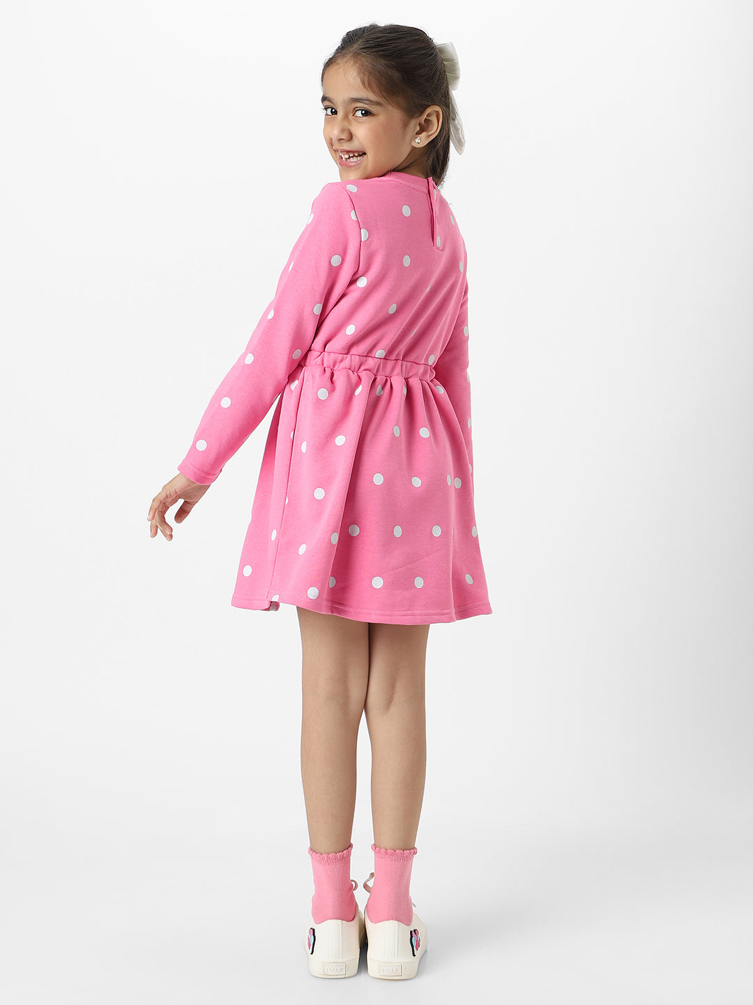 Nautinati Girls Fleece Polka Dot Print Bow Belted Dress