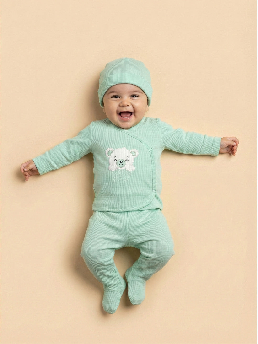 Nautinati Baby Boys Waffle 100% Cotton Teddy Placement Print 5-pieces Gift Set with Top, Bottoms, Bib, Cap & Mittens