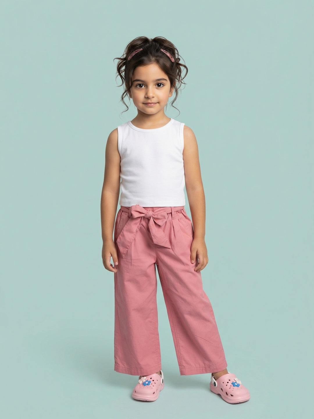 Nautinati Girls' 100% Cotton Solid Loose Fit Paperbag High-waist Wide-leg Pants with Belt