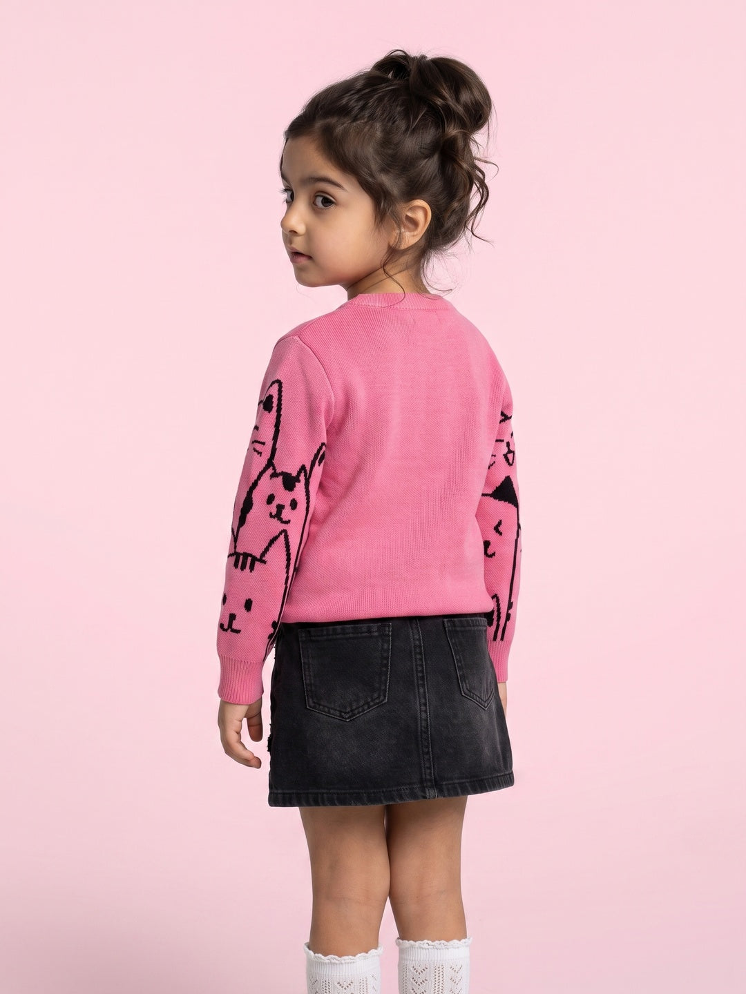 Nautinati Girls Relaxed Fit Pink Cats Round Neck Full Sleeves Sweater